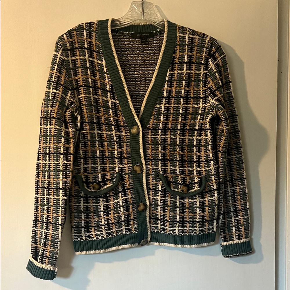 Ann Taylor Green and Cream Plaid Sweater